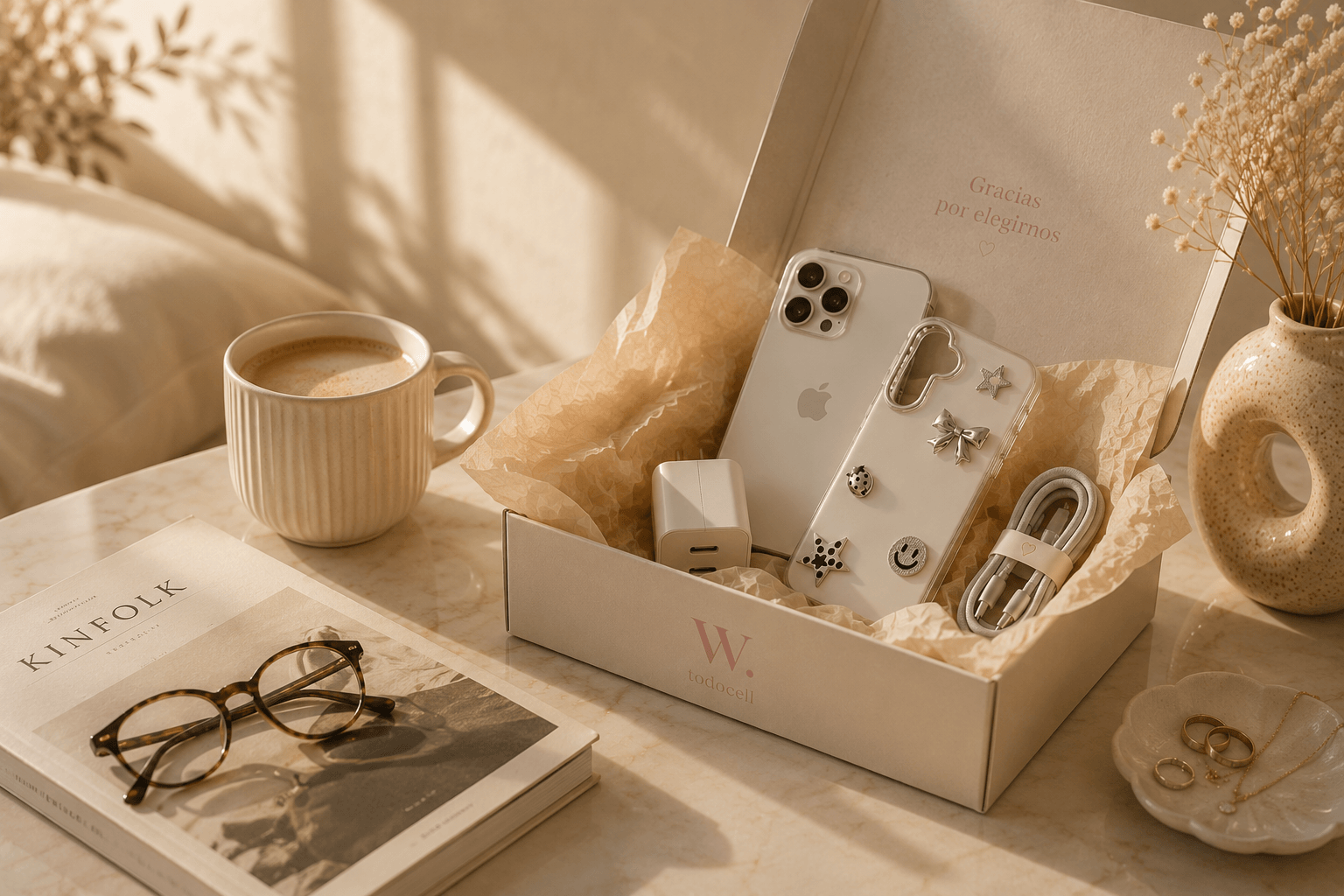 Escena lifestyle W.todocell con tecnologia y accesorios cotidianos.