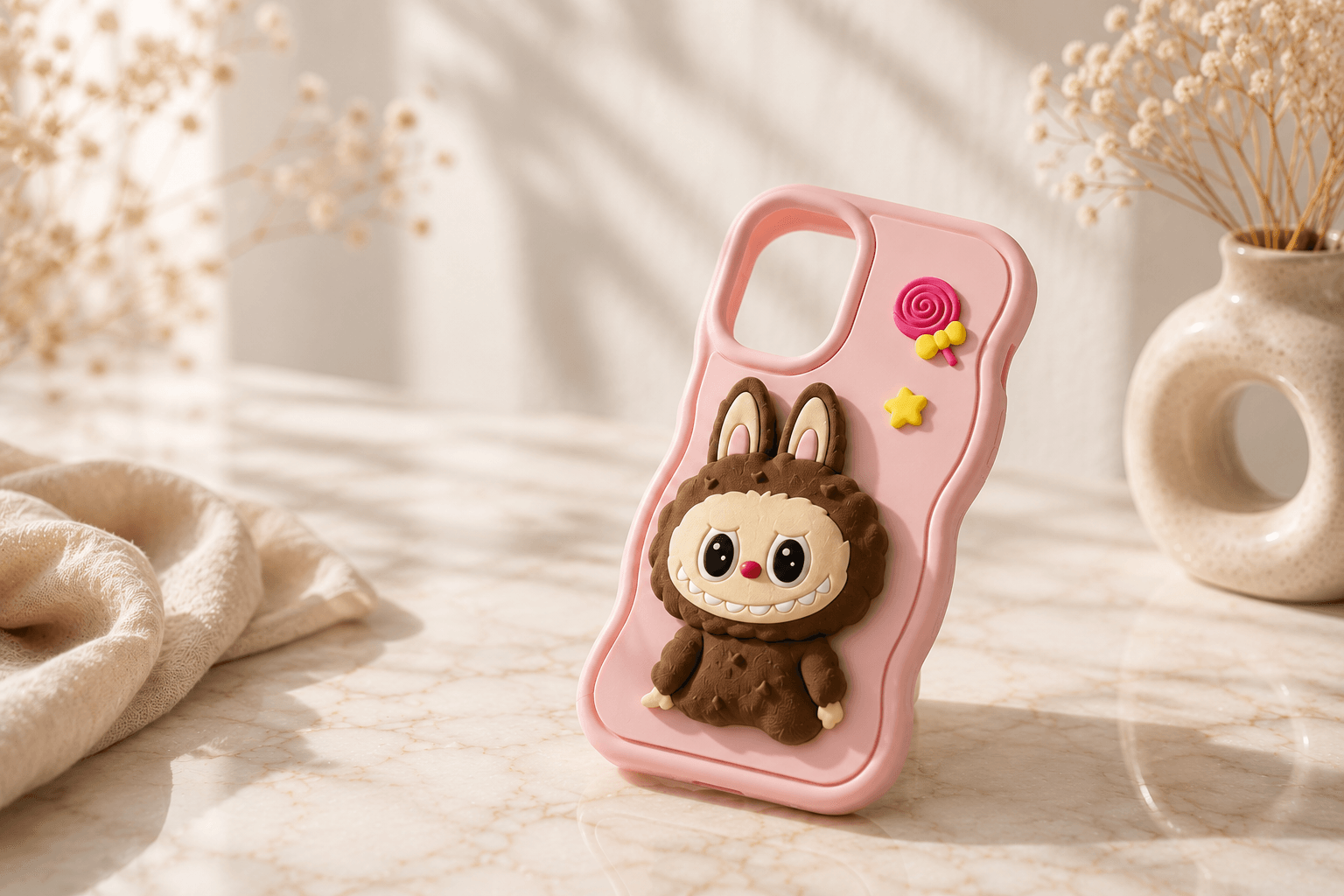 Fundas W.todocell en una escena rosa pastel.