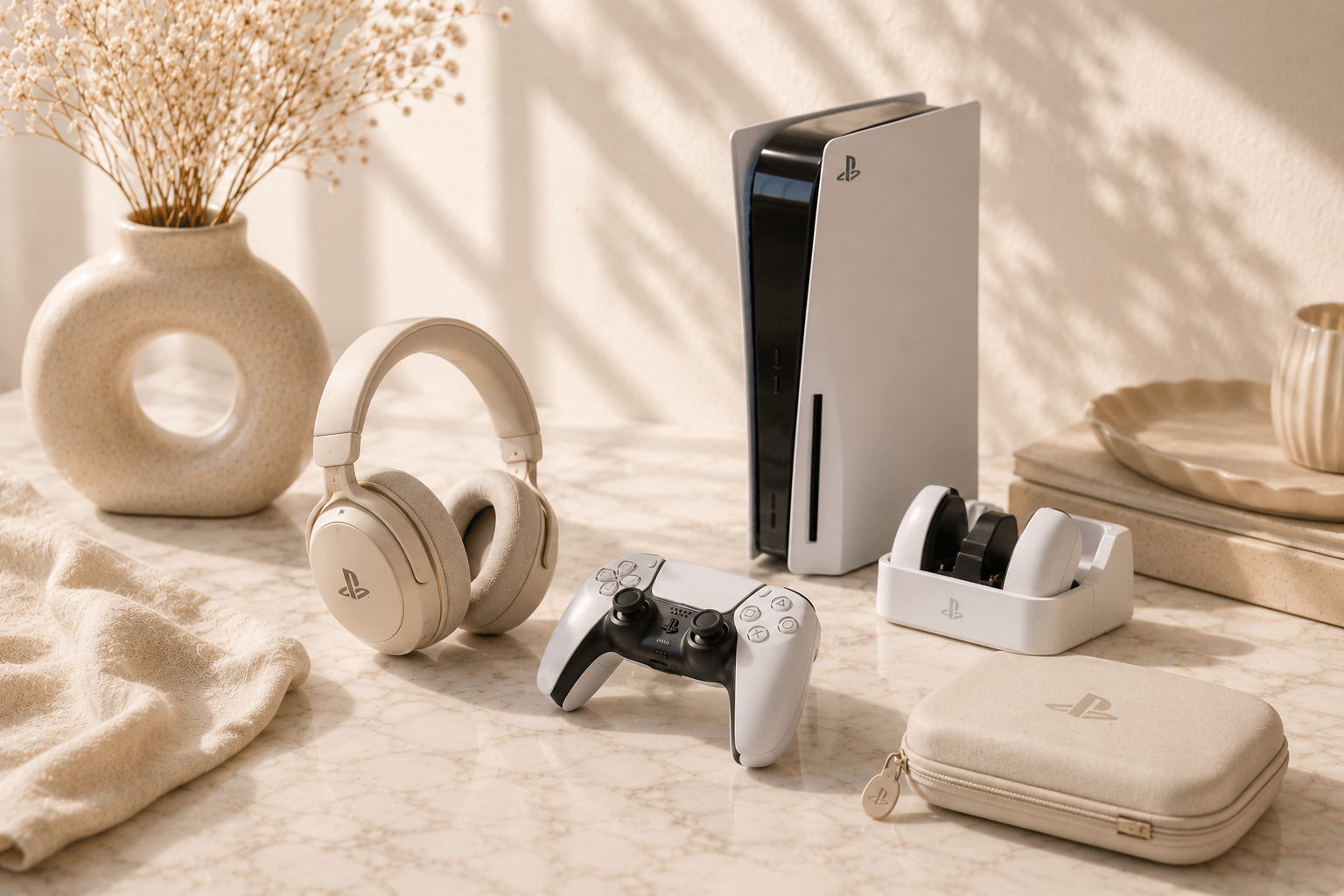 Productos gaming y consola en una composicion premium.